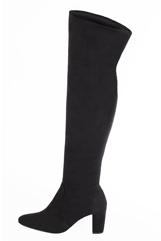 Matt black women's stretch thigh-high boots. Round toe. High block heels. Made to measure. Profile view - Florence KOOIJMAN